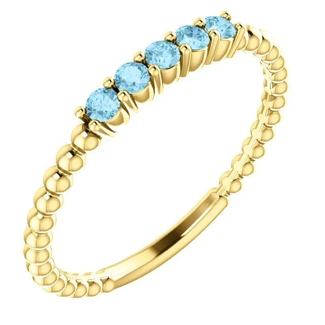 14KT GOLD 0.15 CTW ROUND AQUAMARINE 5 STONE BEADED STACKABLE RING