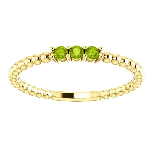 14KT GOLD 0.15 CTW ROUND PERIDOT 3 STONE BEADED STACKABLE RING