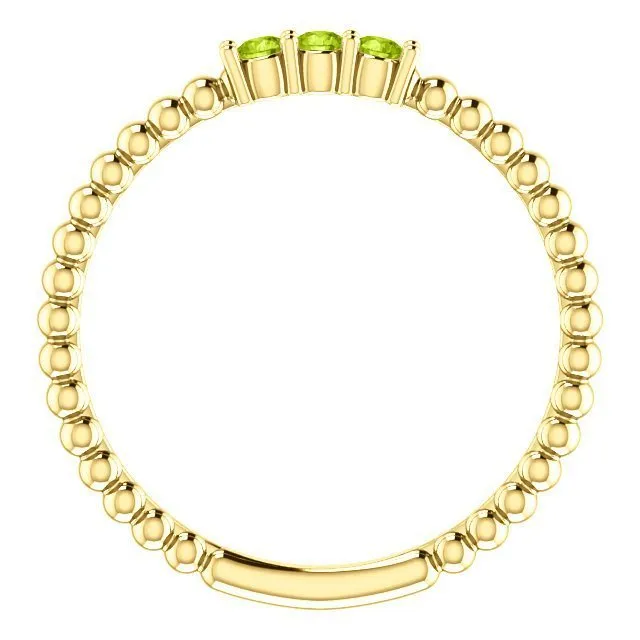 14KT GOLD 0.15 CTW ROUND PERIDOT 3 STONE BEADED STACKABLE RING