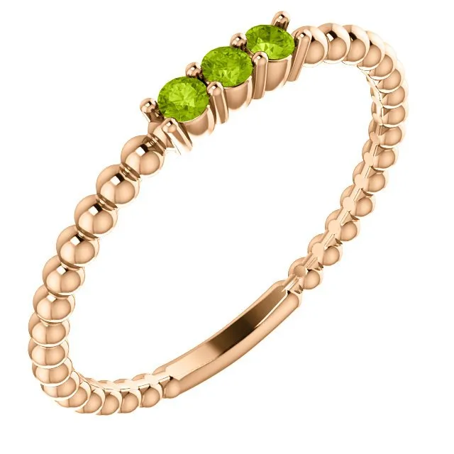 14KT GOLD 0.15 CTW ROUND PERIDOT 3 STONE BEADED STACKABLE RING