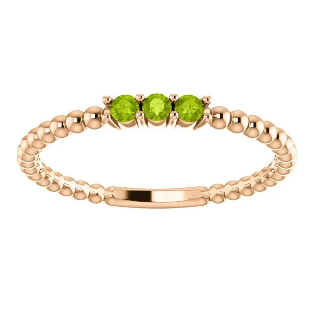 14KT GOLD 0.15 CTW ROUND PERIDOT 3 STONE BEADED STACKABLE RING