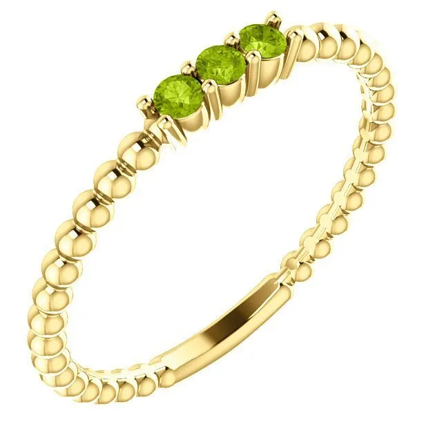 14KT GOLD 0.15 CTW ROUND PERIDOT 3 STONE BEADED STACKABLE RING