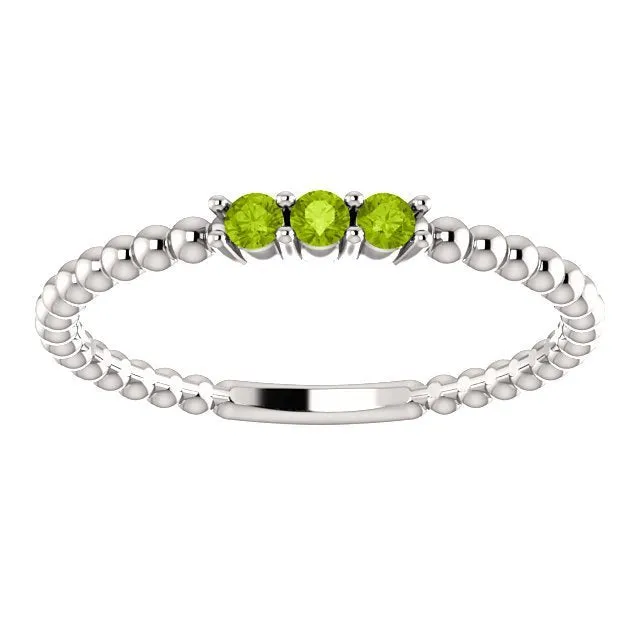 14KT GOLD 0.15 CTW ROUND PERIDOT 3 STONE BEADED STACKABLE RING