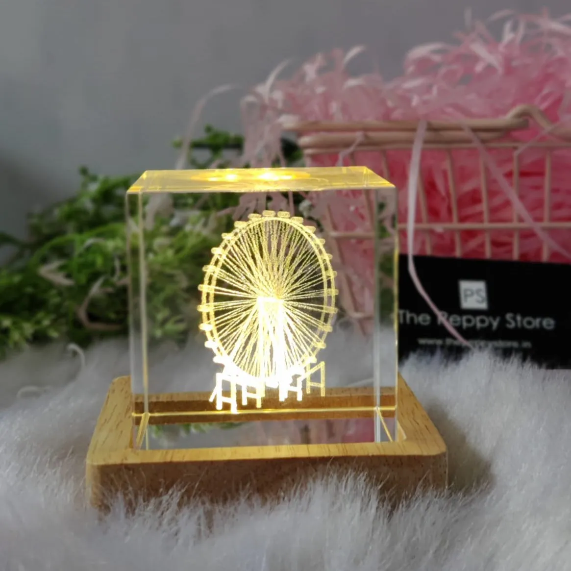 3D Crystal Ferris Wheel Solid Cube With Warm Led with Wood Base