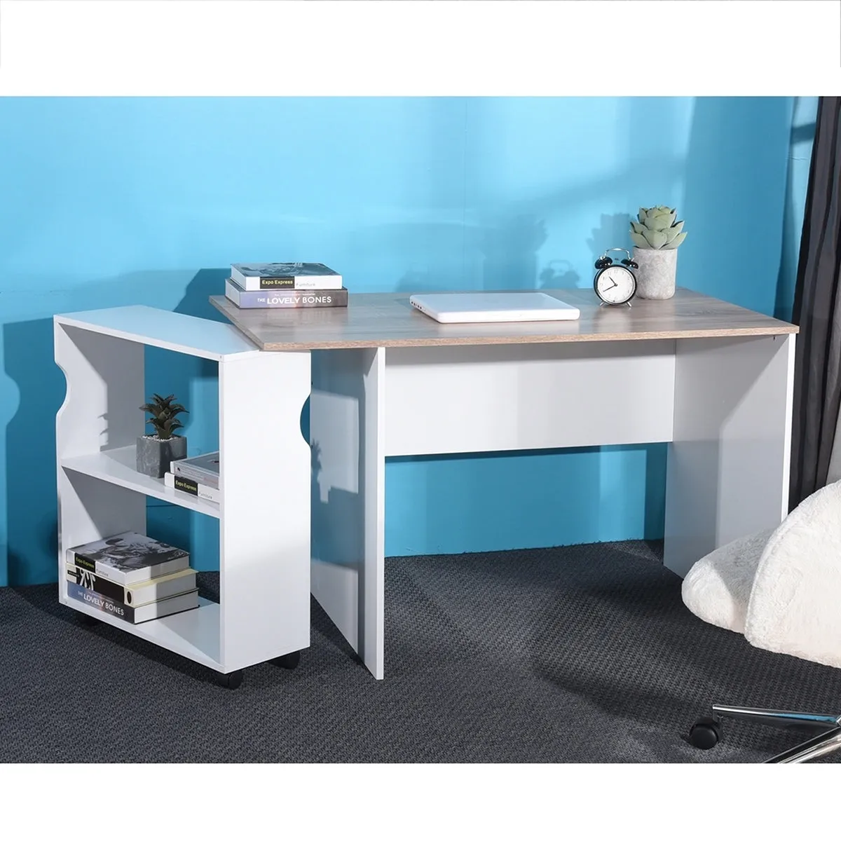 47.4" L Computer Desk with movable bookcase, oak & white