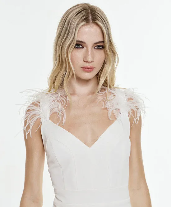 Access Fashion White Jumpsuit With Feathers