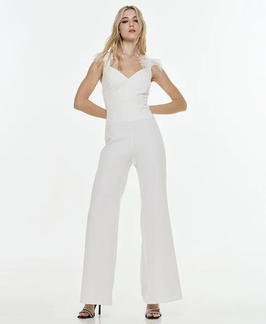 Access Fashion White Jumpsuit With Feathers