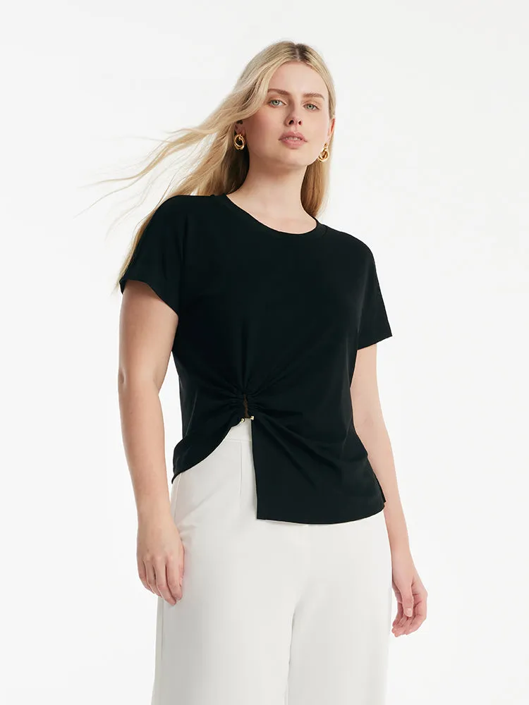 Acetate Waist Twist Asymmetric Hem Women Knit Top