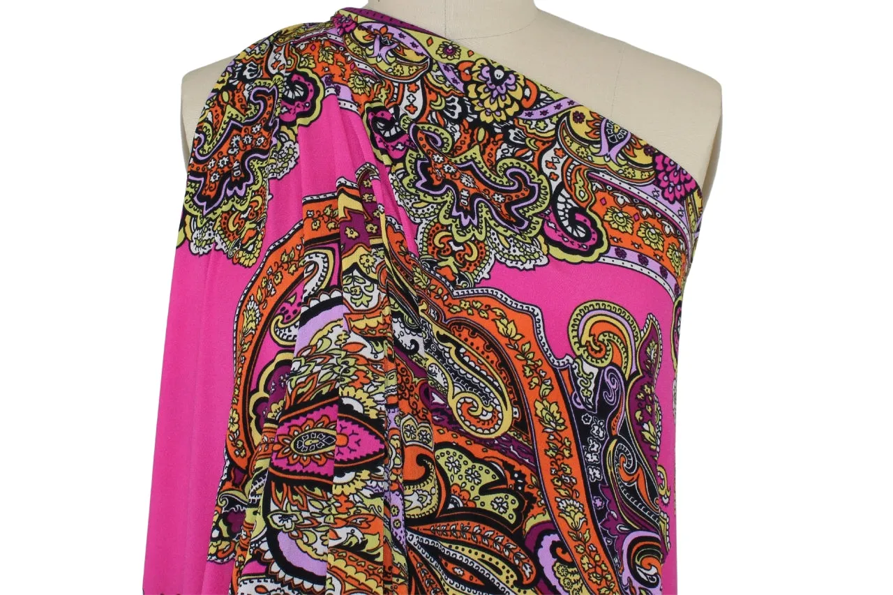 Asymmetric Double Border Paisley ITY Jersey - Multi on Barbie Pink