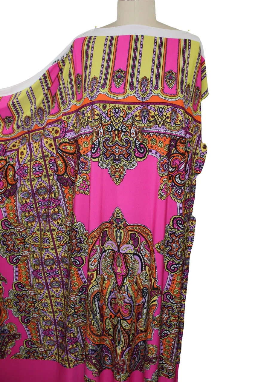 Asymmetric Double Border Paisley ITY Jersey - Multi on Barbie Pink