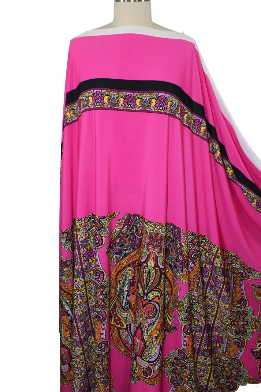 Asymmetric Double Border Paisley ITY Jersey - Multi on Barbie Pink