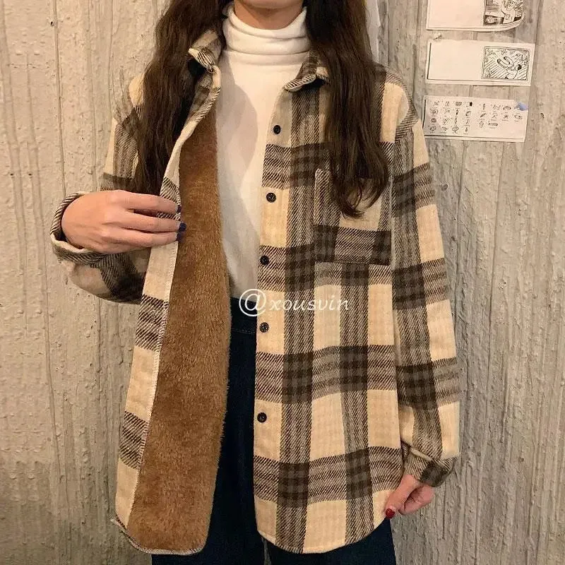 Autumn/Winter Thickened Fleece-Lined Plaid Shirt Women's Vintage HongKong Style Chic Loose-Fit Woolen Jacket Casual Top Winter