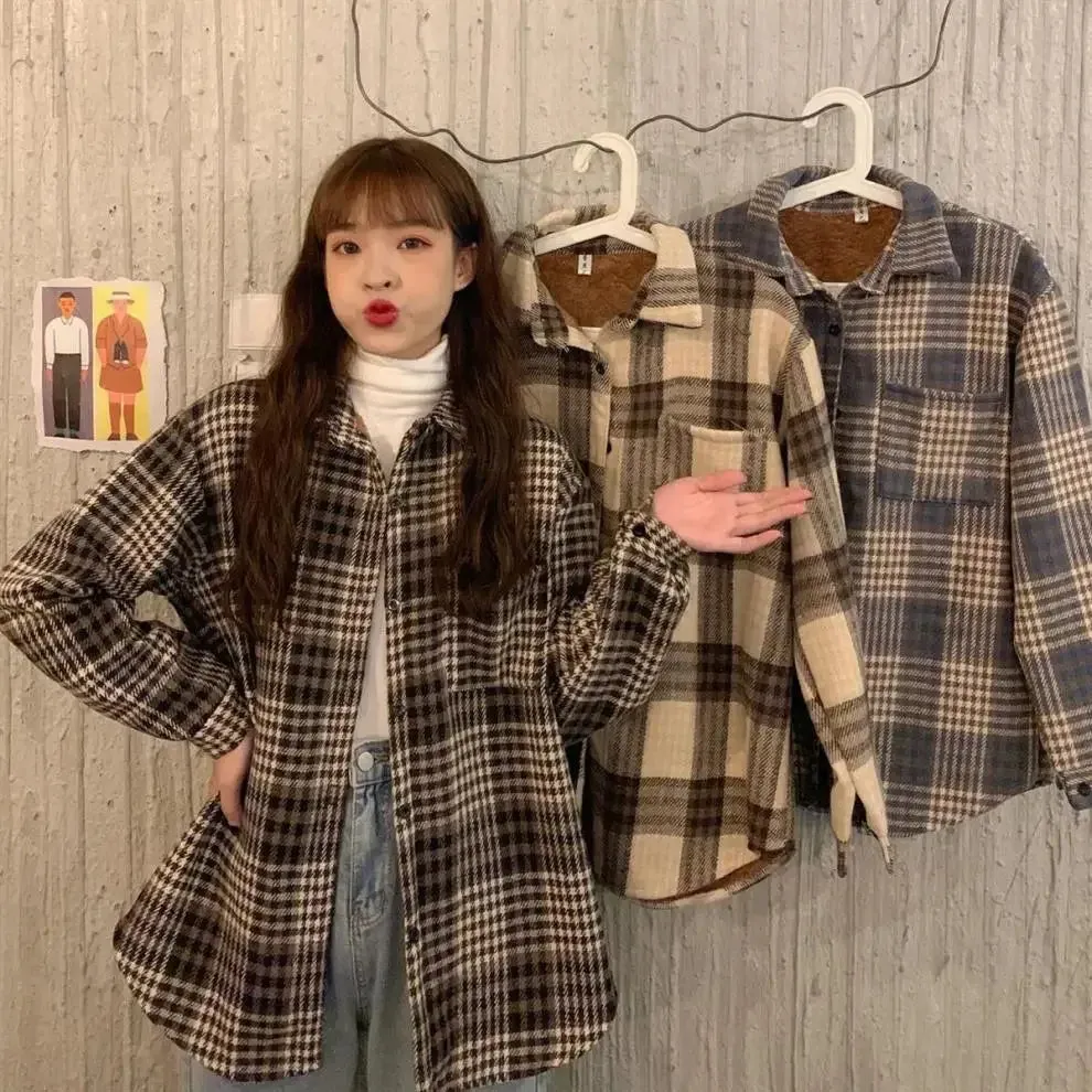 Autumn/Winter Thickened Fleece-Lined Plaid Shirt Women's Vintage HongKong Style Chic Loose-Fit Woolen Jacket Casual Top Winter