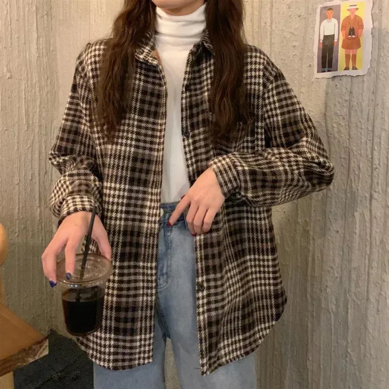 Autumn/Winter Thickened Fleece-Lined Plaid Shirt Women's Vintage HongKong Style Chic Loose-Fit Woolen Jacket Casual Top Winter