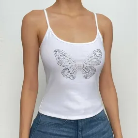 Beaded u neck backless butterfly pattern cami crop top