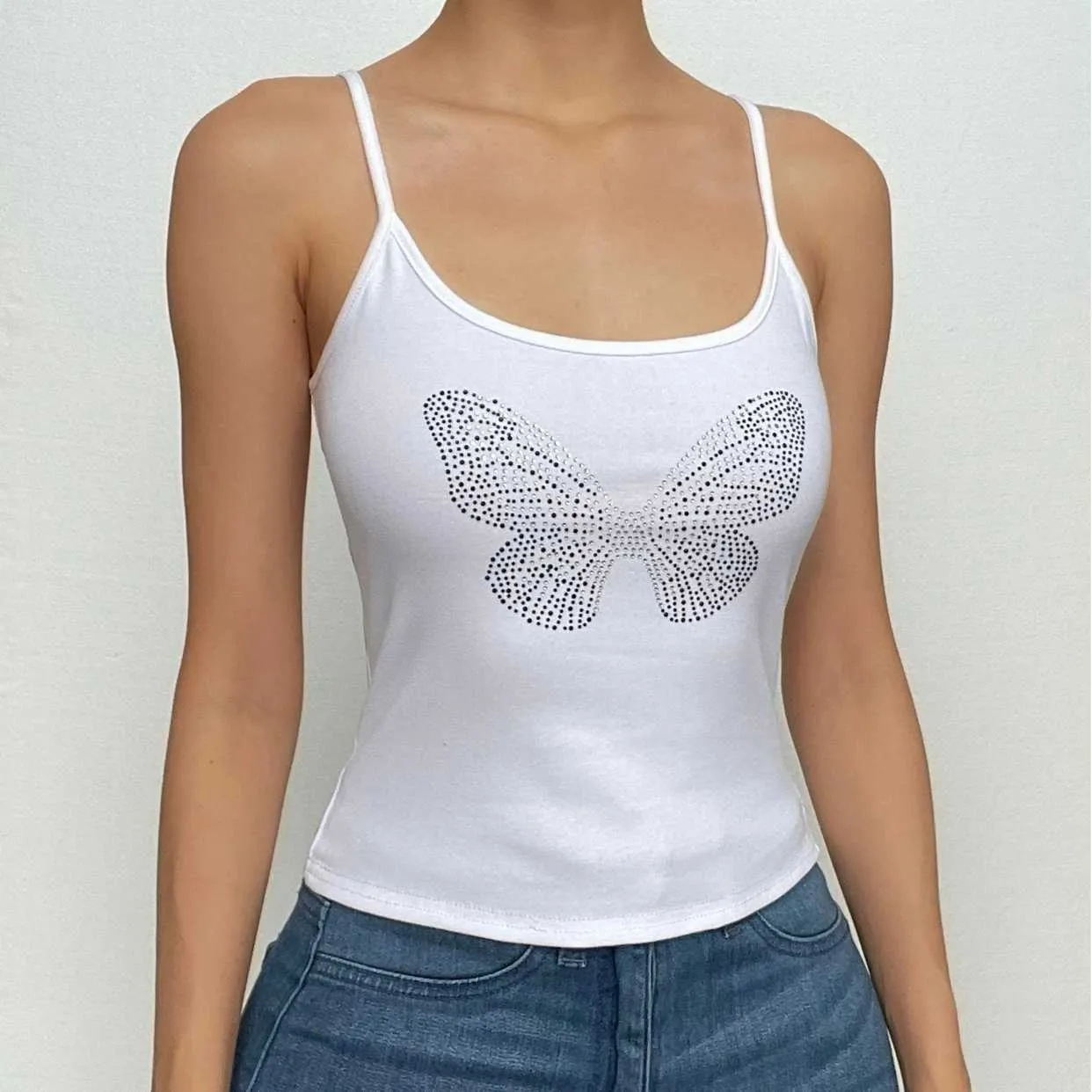 Beaded u neck backless butterfly pattern cami crop top