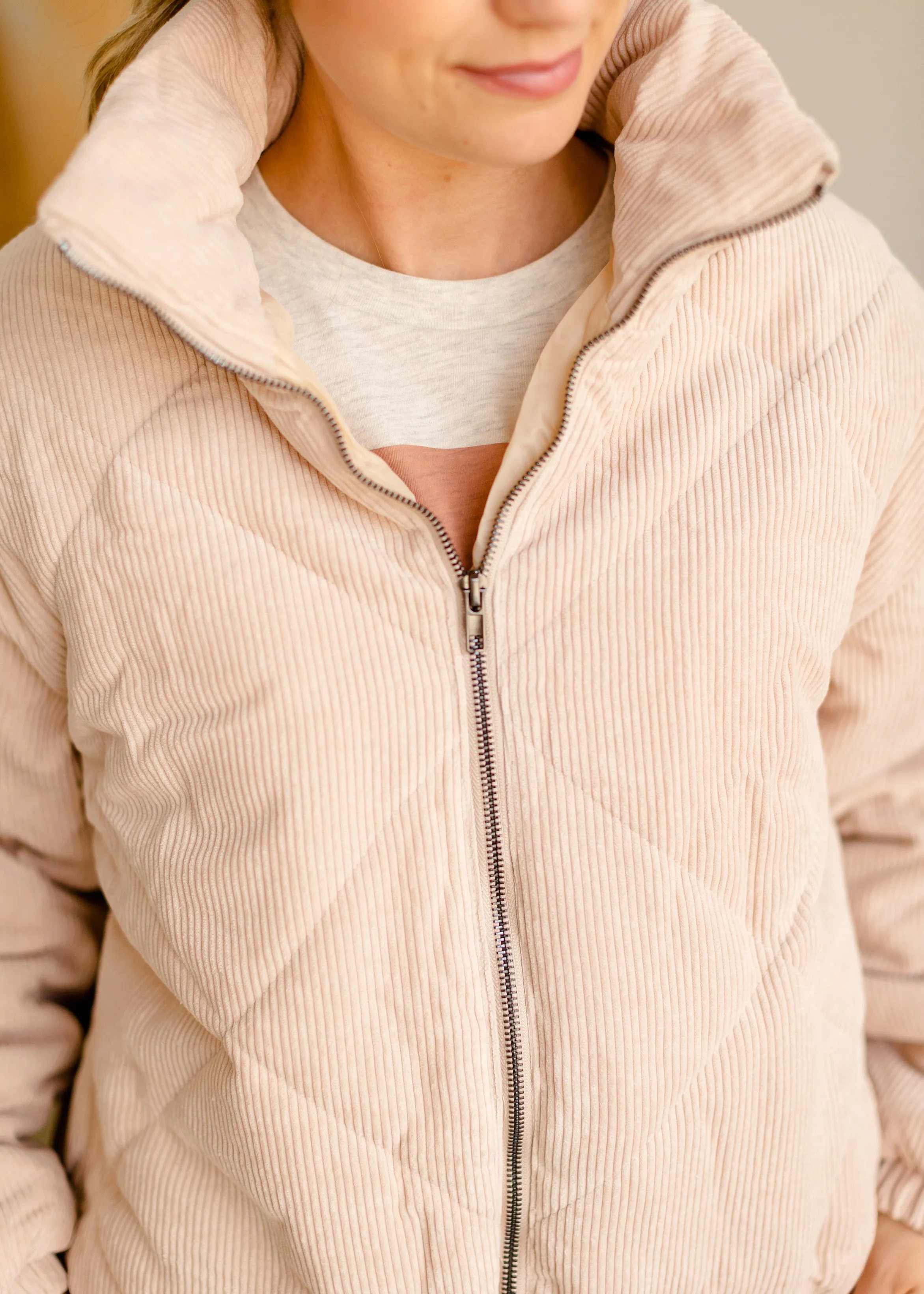 Beige Corduroy Quilted Bomber Jacket