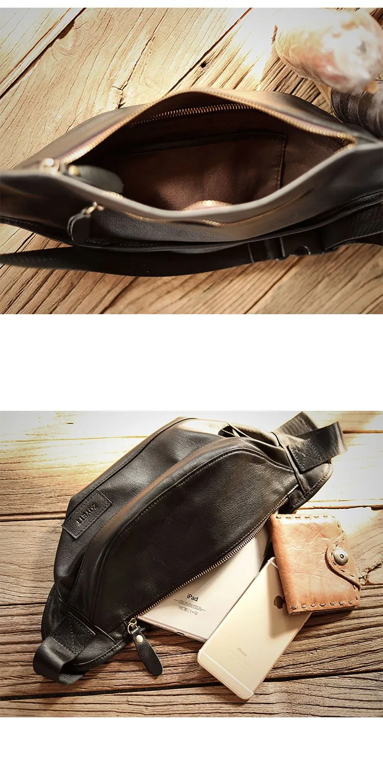 Black Cool Leather Mens Chest Bag Waist Bag Fanny Pack Hip Bag Bum Pack For Men