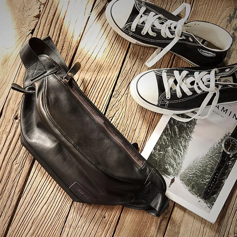 Black Cool Leather Mens Chest Bag Waist Bag Fanny Pack Hip Bag Bum Pack For Men