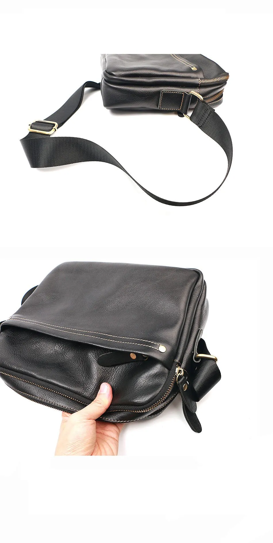 Black Leather Mens 10 inches Courier Bag Messenger Bag Black Small Postman Bag For Men