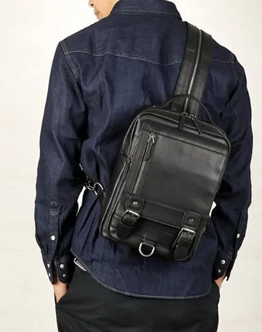 Black Leather Men's 10 inches Sling Bag Computer Backpack Black Travel Backpack Black Sling Pack For Men