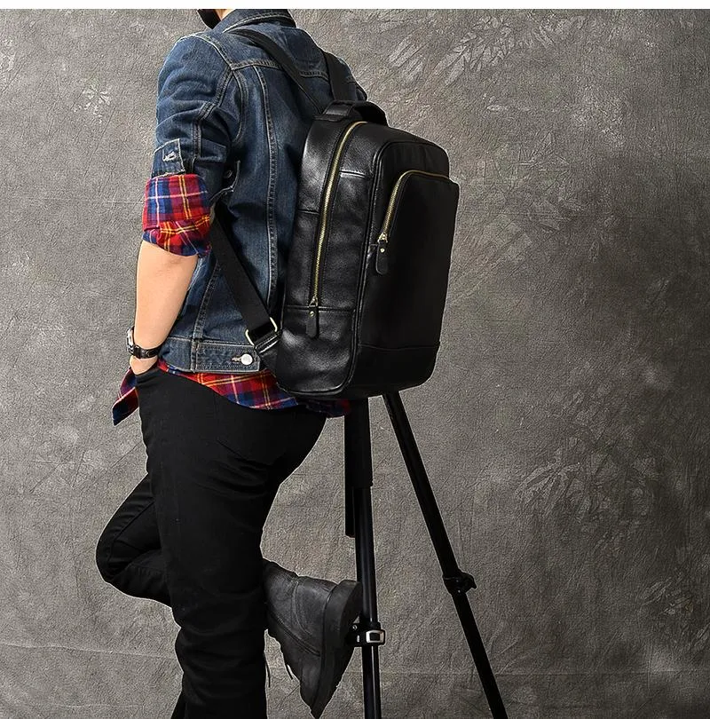 Black Leather Mens 15" Laptop Backpack Hiking Backpack Travel Backpack College Backpack for Men