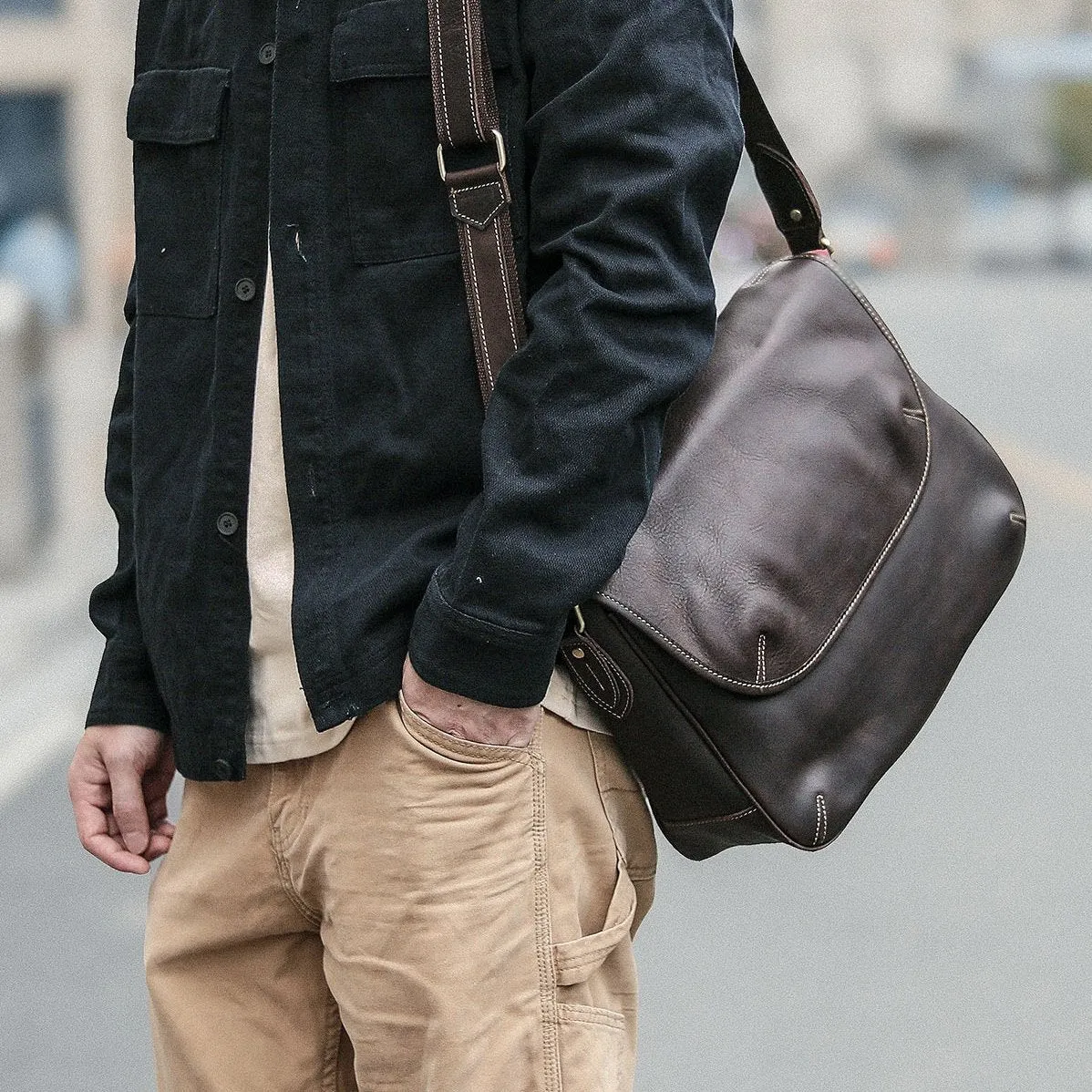 Black Leather Mens Casual 10'' Courier Bags Messenger Bags Dark Coffee Gray Postman Bag For Men