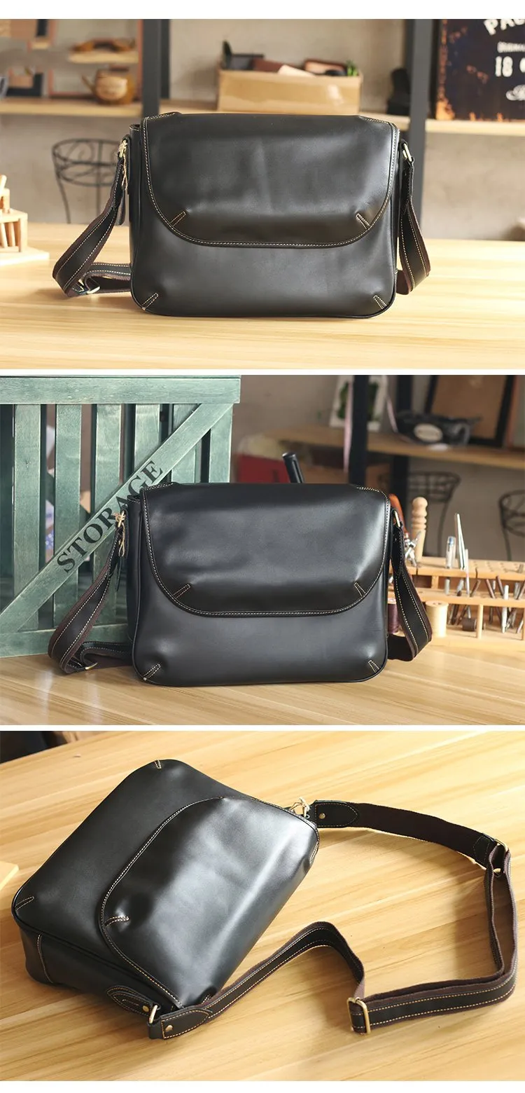 Black Leather Mens Casual 10'' Courier Bags Messenger Bags Dark Coffee Gray Postman Bag For Men