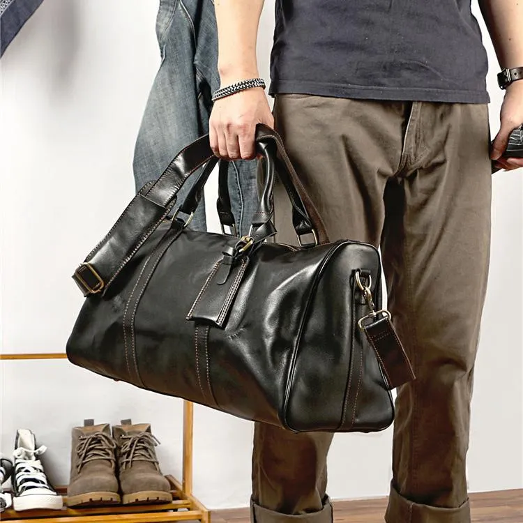 Black Leather Mens Casual Large Travel Bags Shoulder Weekender Bags Brown Duffle Bag For Men