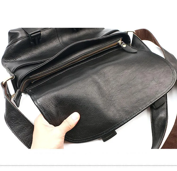 Black Leather Mens Casual Side Bag Courier Bag Black Messenger Bags Black Postman Bag For Men