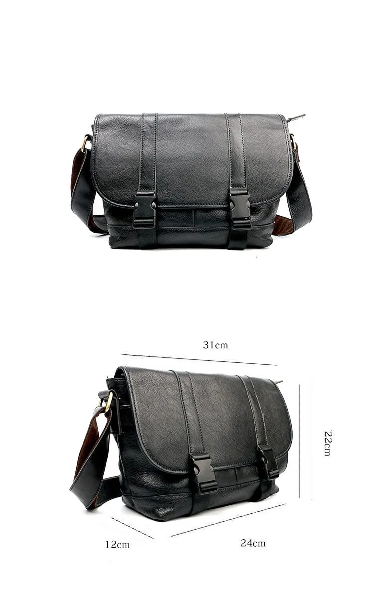 Black Leather Mens Casual Side Bag Courier Bag Black Messenger Bags Black Postman Bag For Men