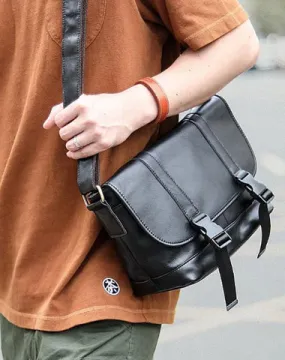 Black Leather Mens Casual Side Bag Courier Bag Black Messenger Bags Black Postman Bag For Men