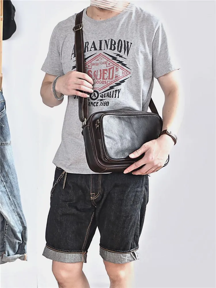 Black Leather Mens Casual Small Courier Bags Messenger Bag Dark Coffee Postman Bags For Men