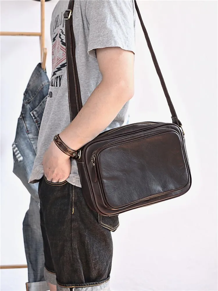 Black Leather Mens Casual Small Courier Bags Messenger Bag Dark Coffee Postman Bags For Men