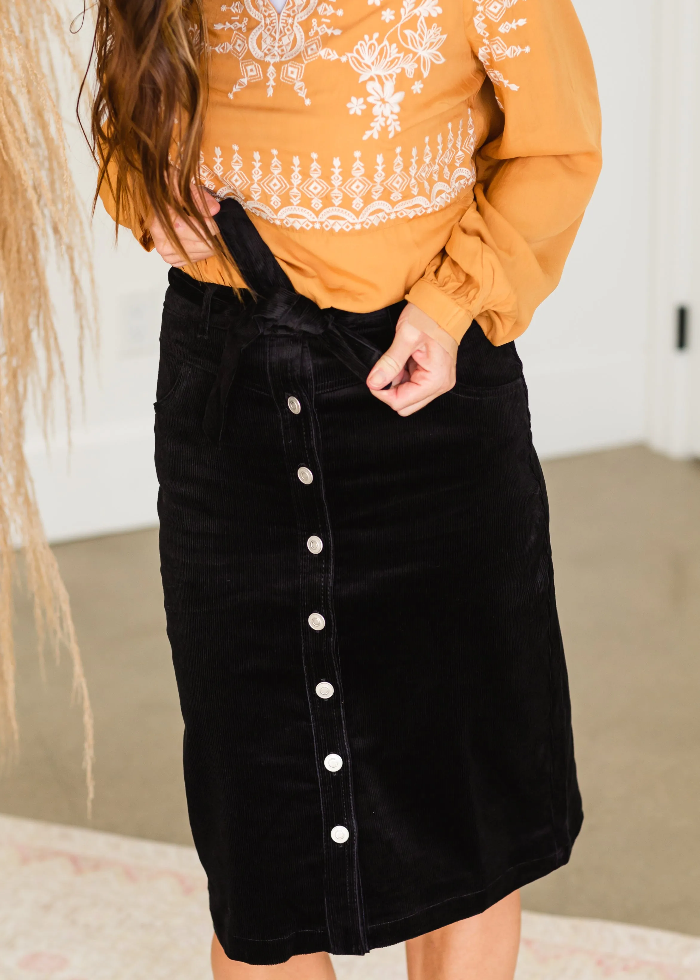 Black Tie Waist Corduroy Midi Skirt