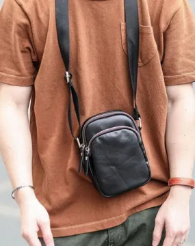 Black Vintage Leather Mens Small MIni Postman Shoulder Bag Phone Messenger Bag For Men