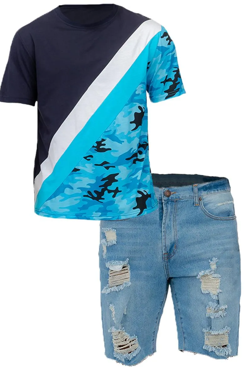 Blue Camo Color Block and Denim Jean Short Set