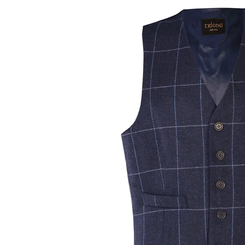 Blue Windowpane Checked Donegal Tweed Waistcoat