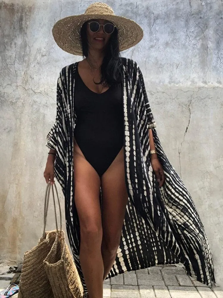 Bohemian Long Kimono, Beach Cover Ups Kimono, Tie Dye Kimono, Swimsuit Cape Summer Dress, Beachwear Cover Up Dress