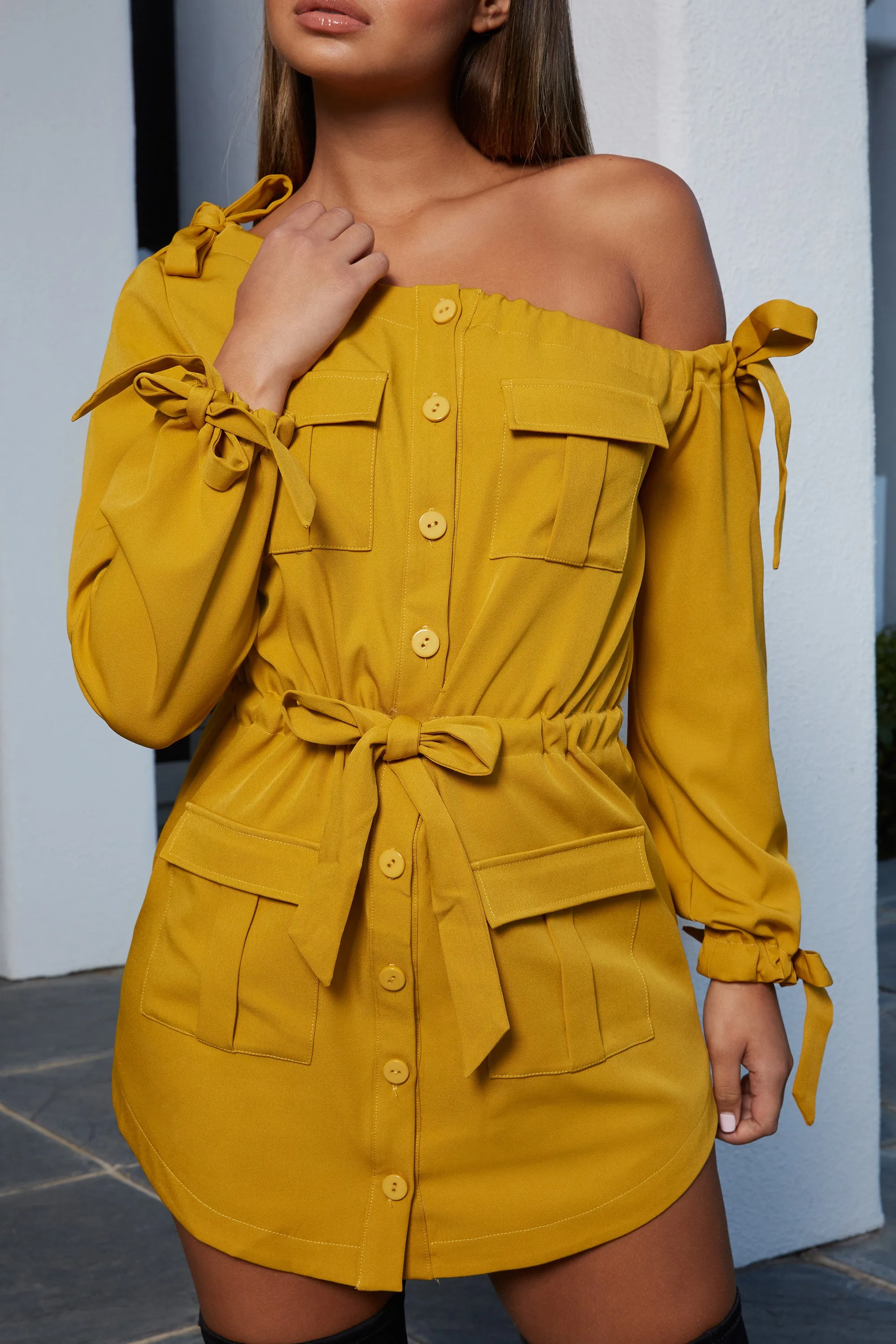 Bow My Goodness Off Shoulder Shirt Dress Mini Dress in Mustard