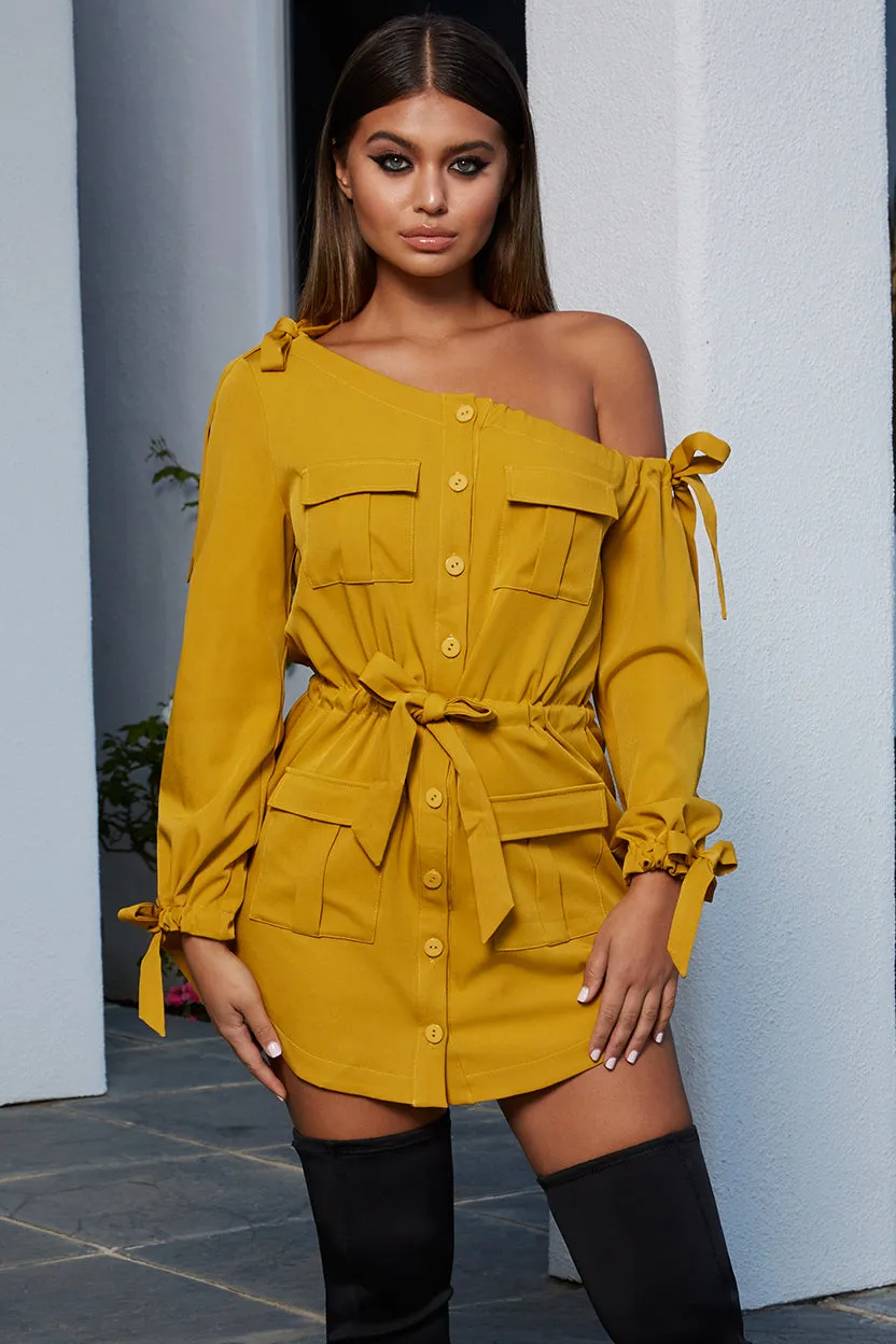 Bow My Goodness Off Shoulder Shirt Dress Mini Dress in Mustard