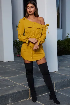 Bow My Goodness Off Shoulder Shirt Dress Mini Dress in Mustard