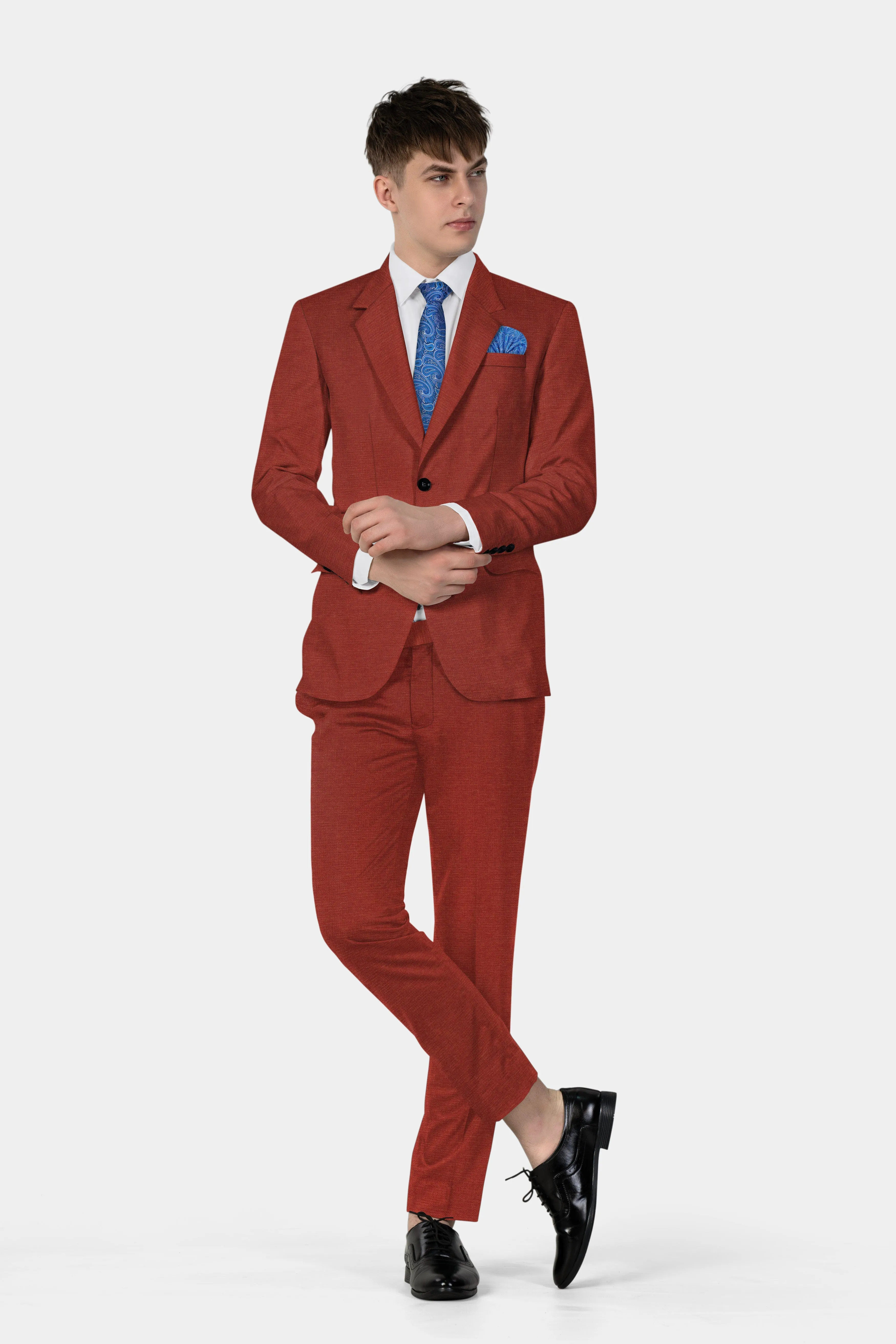 Brick Red Textured Single Breasted Suit