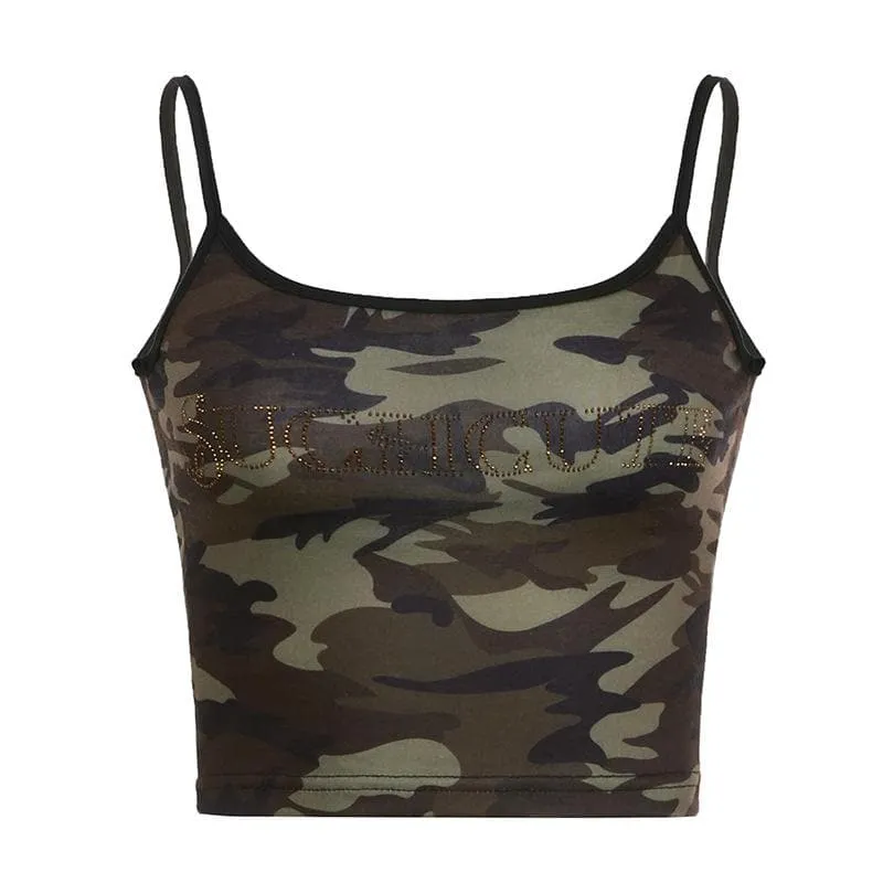 Camouflage beaded u neck contrast cami crop top