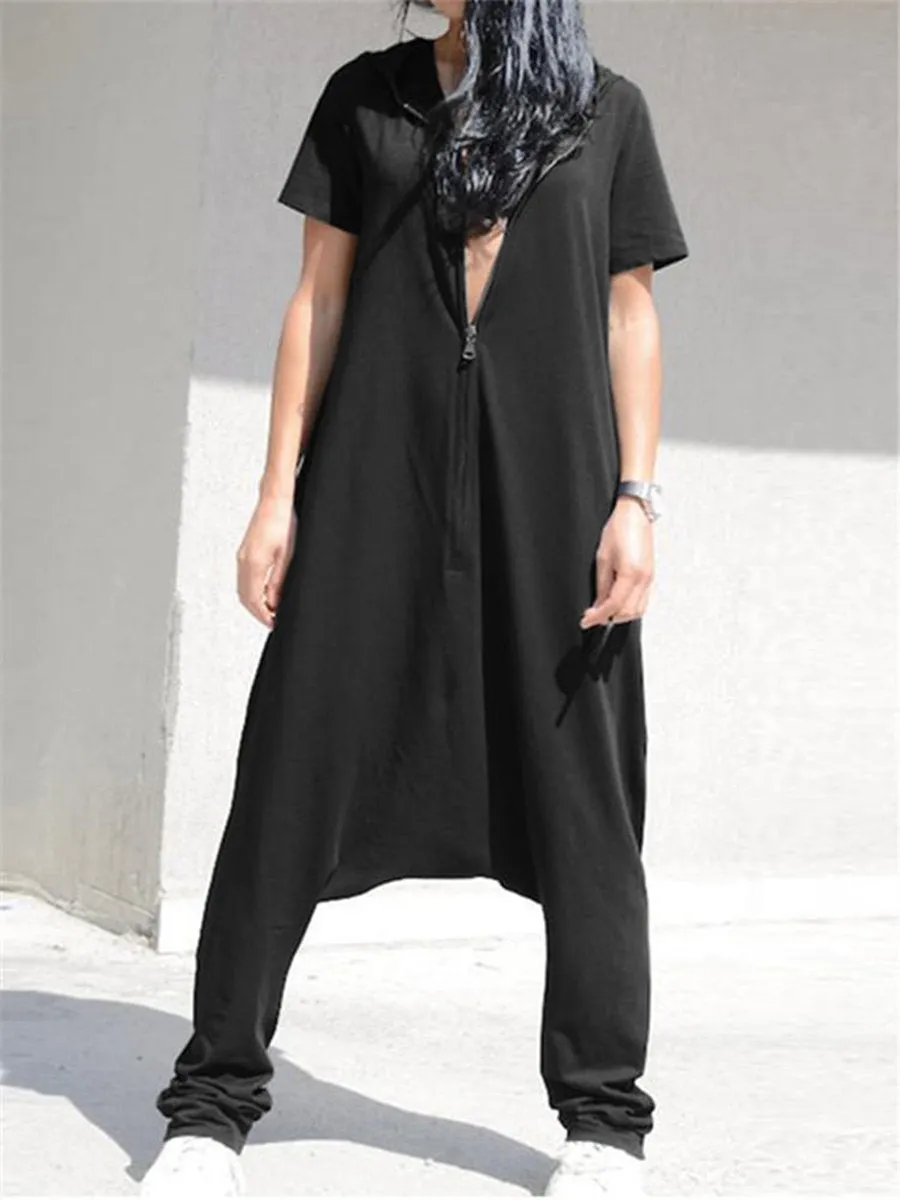 Casual Loose Short Sleeve Hoodie Harem Pants Jumpsuit