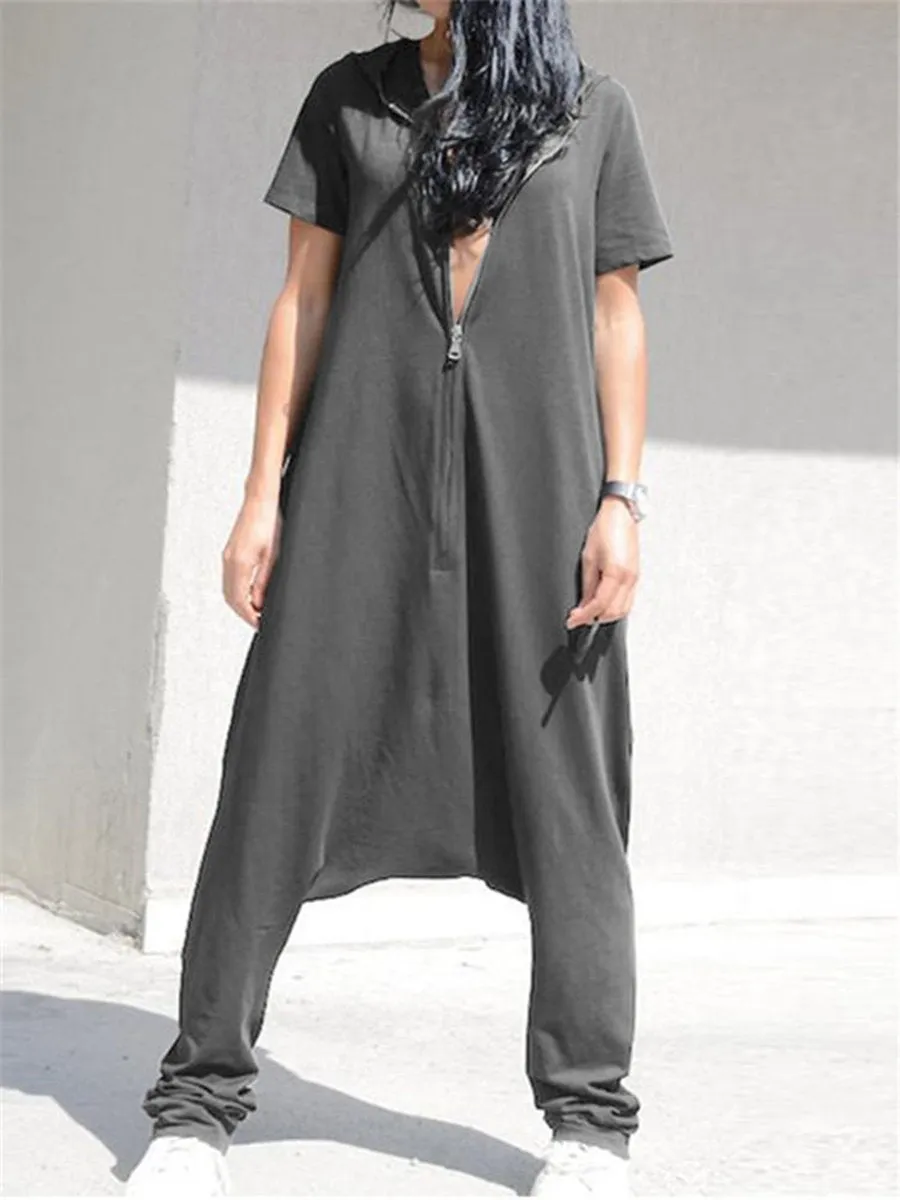 Casual Loose Short Sleeve Hoodie Harem Pants Jumpsuit