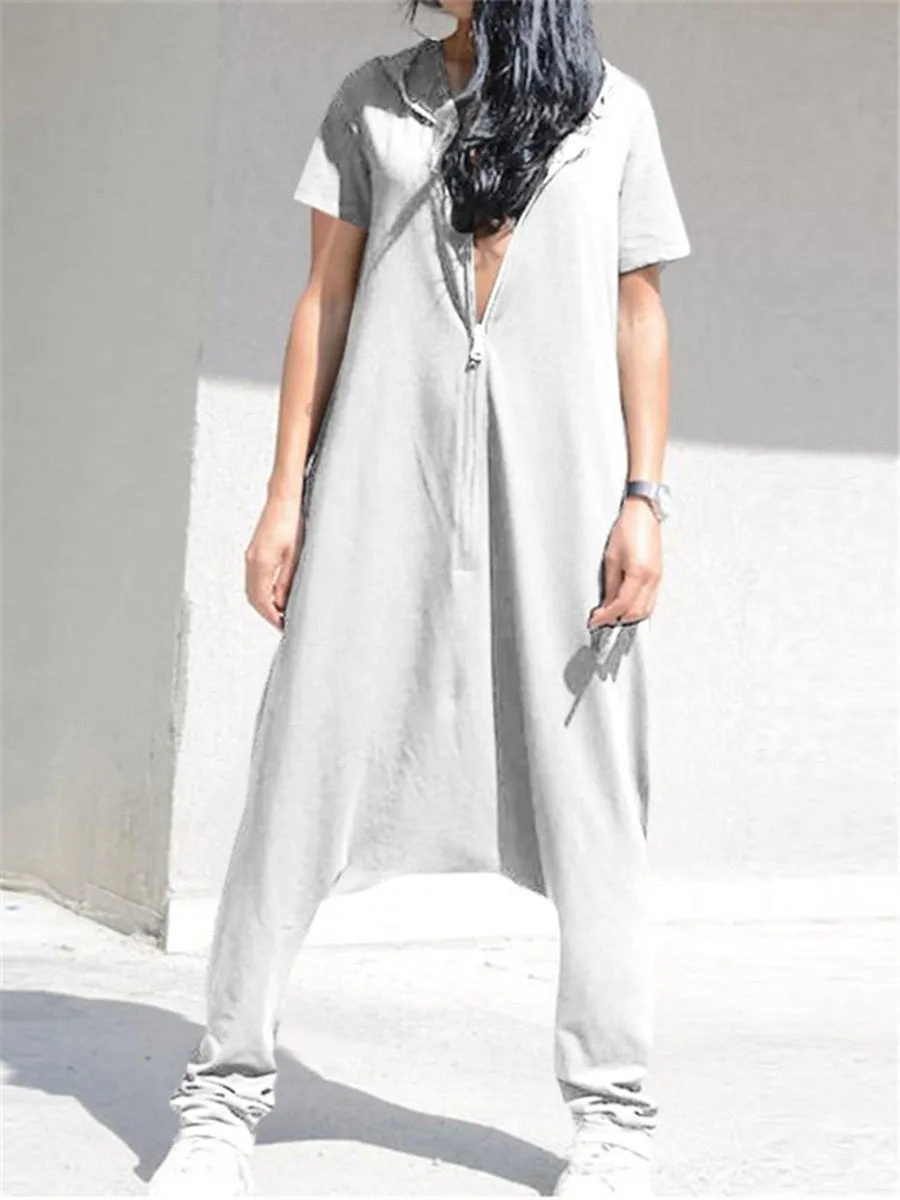 Casual Loose Short Sleeve Hoodie Harem Pants Jumpsuit