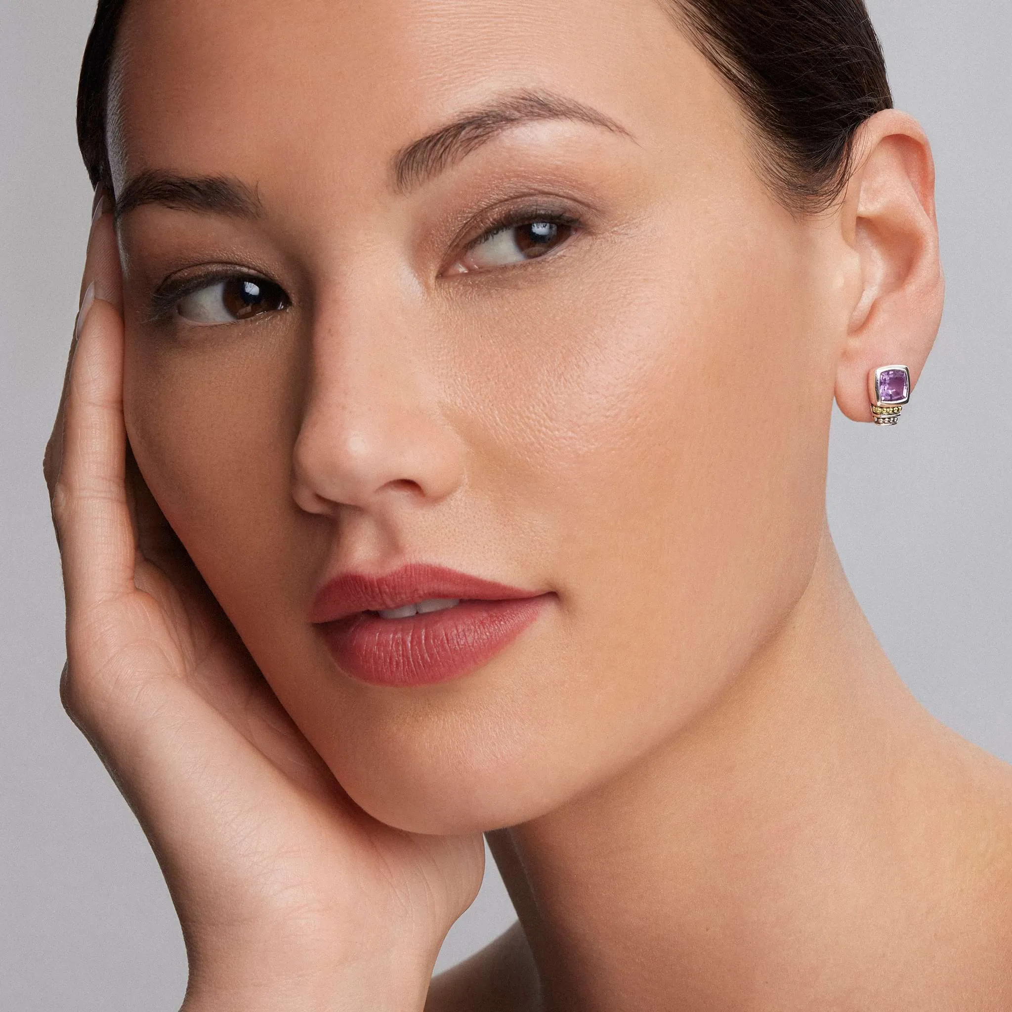 Caviar Color Bezel-Set Amethyst Stud Earrings