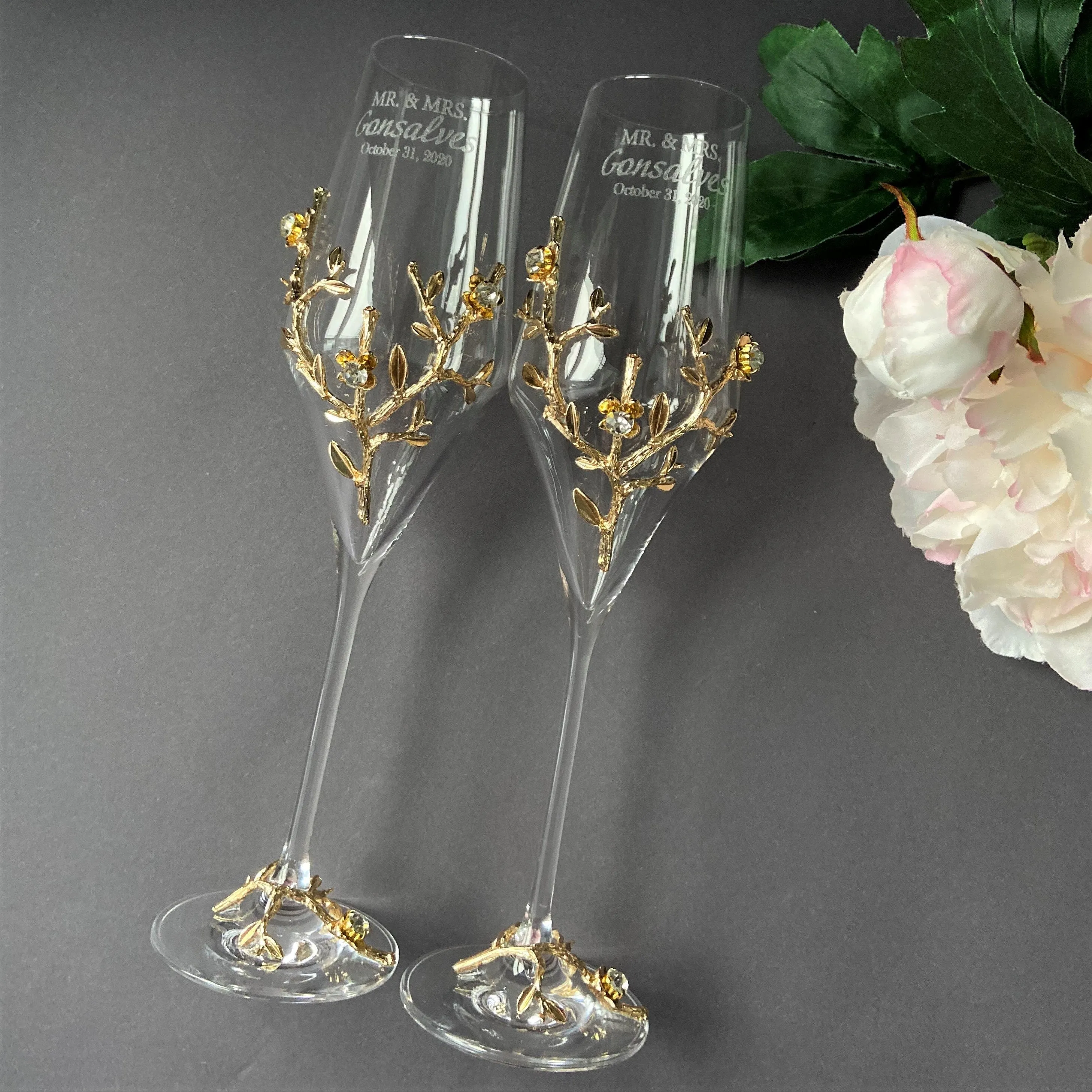 Champagne Glasses Wedding | Toasting flutes and cake cutting set gold