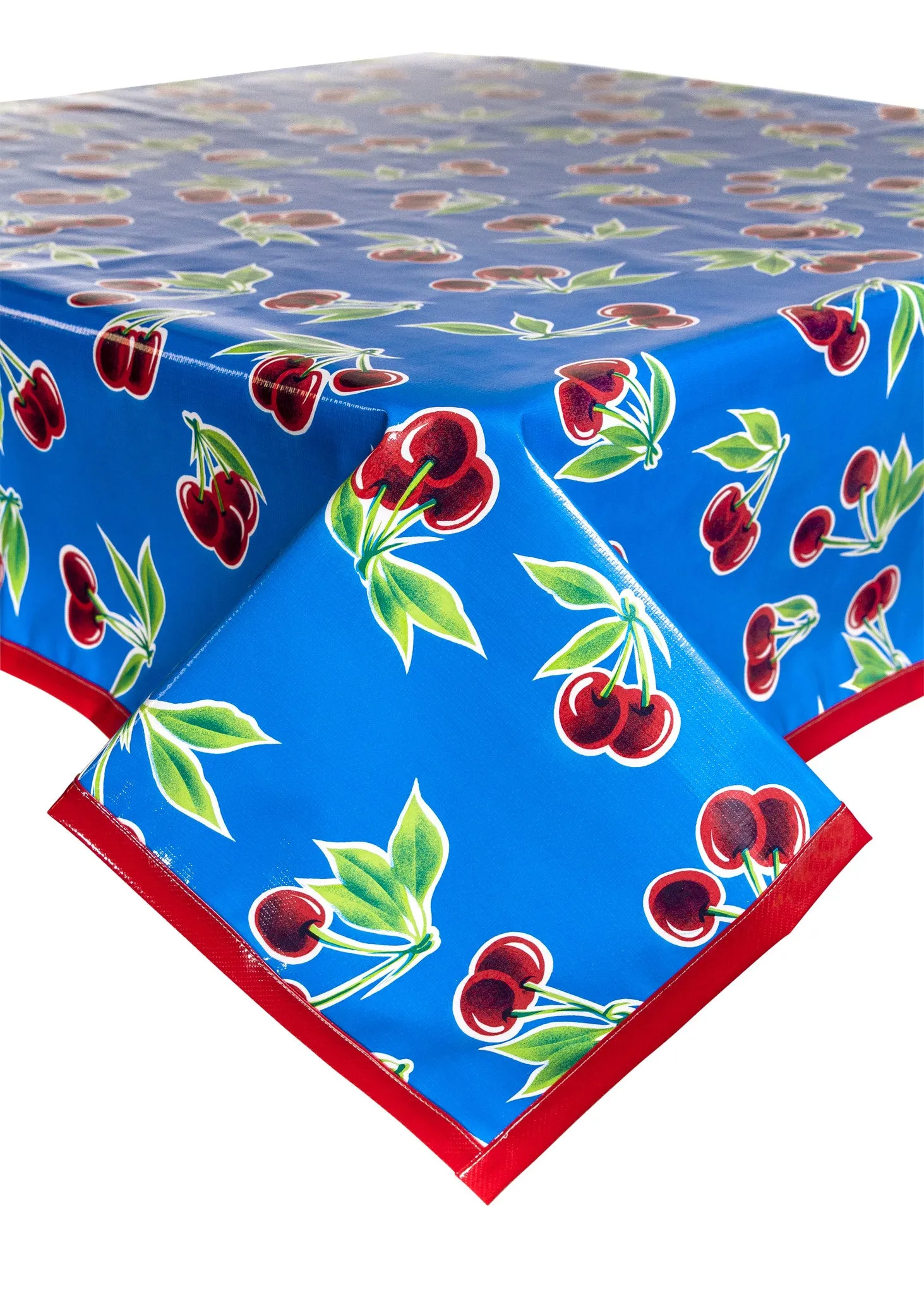 Cherry Blue Oilcloth Tablecloths with Solid Red Trim